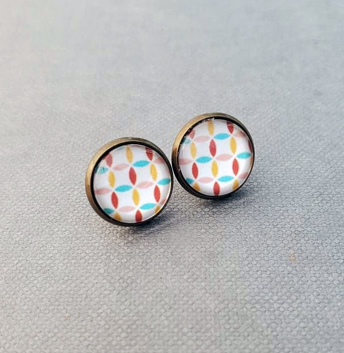 Geometric Print Bronze Stud Earrings