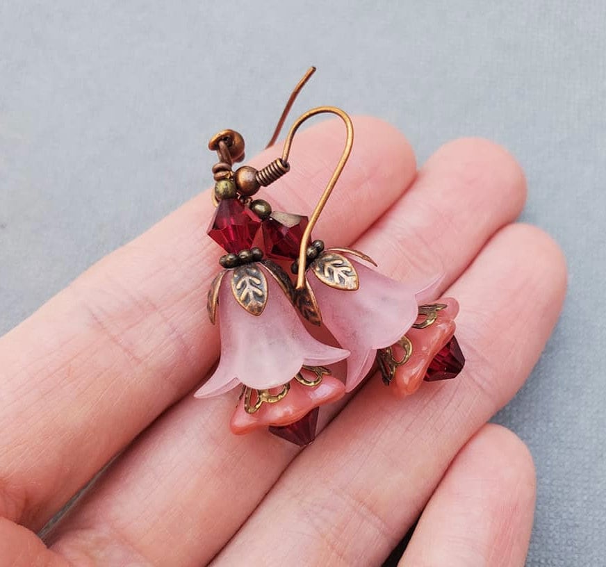 Long Pink Floral Earrings, Cottagecore Woodland Jewelry, Gift for Her