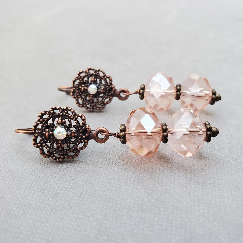 Long Pink Copper Earrings, Vintage Style Handmade Jewelry, Gift for Her