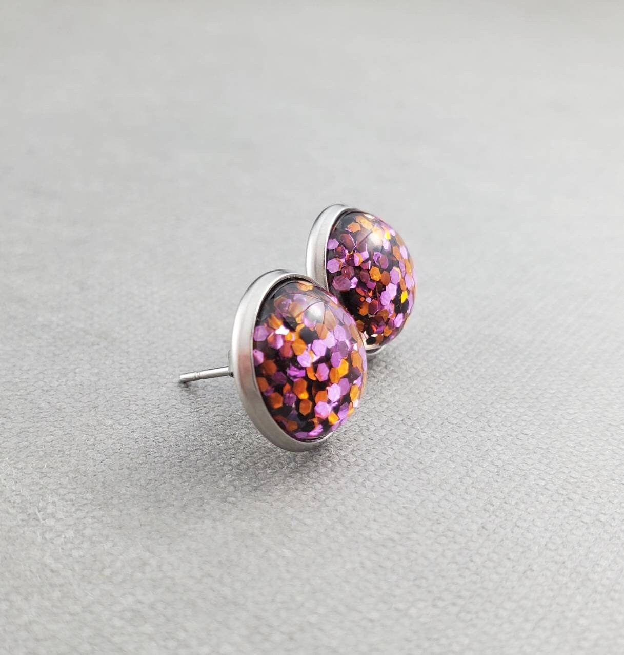Rainbow Glitter Stud Earrings, Silver Stainless Steel Post Earrings, Hypoallergenic Jewelry for Sensitive Ears, Gift for Teenage Tween Girl