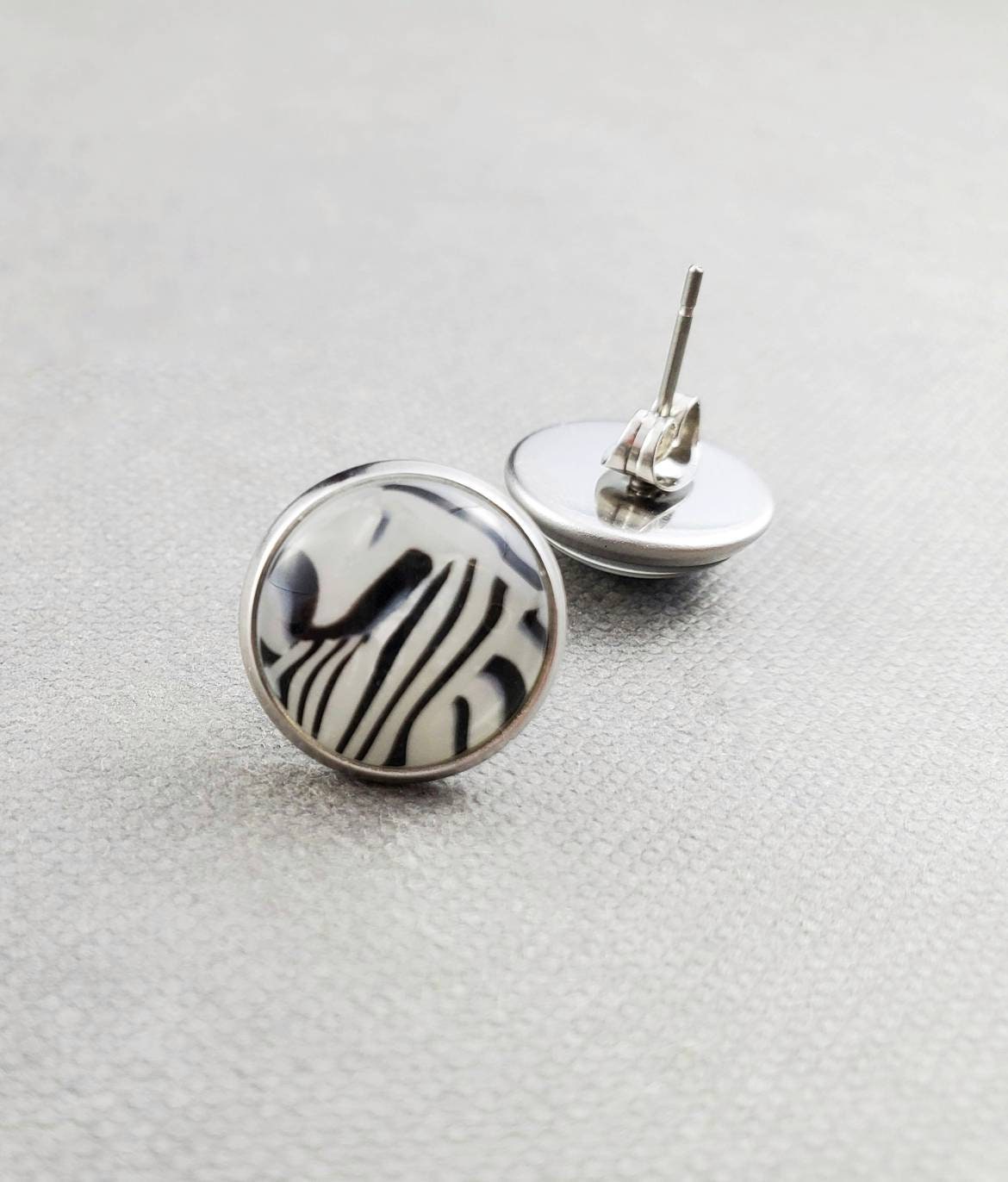 Zebra Print Stud Earrings, Hypoallergenic Stainless Steel Posts, Jewelry for Sensitive Ears, Gift for Teen Girl