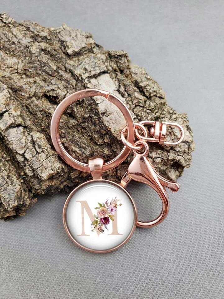 Personalized Rose Gold Initial Keychain, Bohemian Boho Monogram Key Ring, Gift for Her