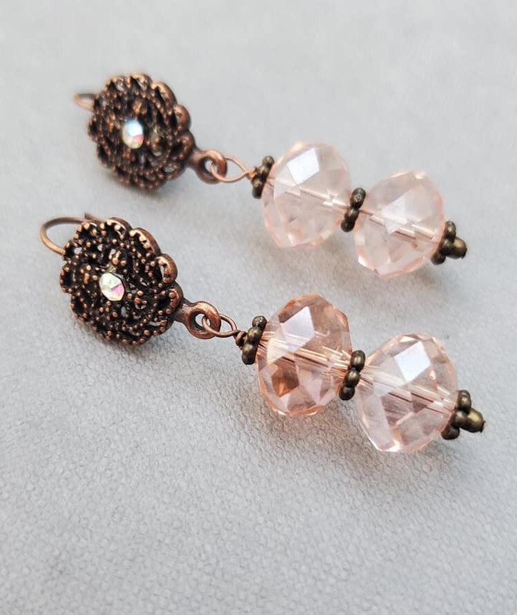 Long Pink Copper Earrings, Vintage Style Handmade Jewelry, Gift for Her