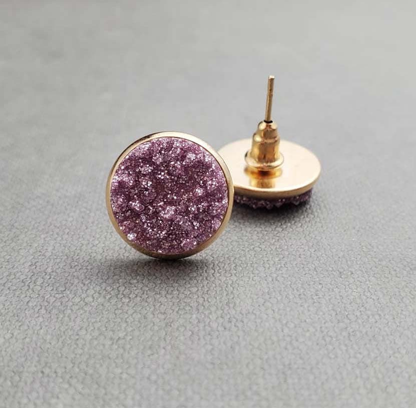 Purple Druzy Stud Earrings, Sparkly Geode Resin Jewelry, Gift for Her