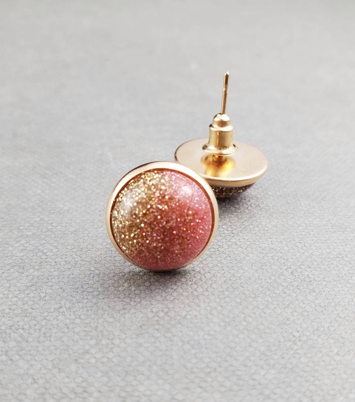 Pink and Gold Stud Earrings, Glitter Resin Jewelry, Gift for Her