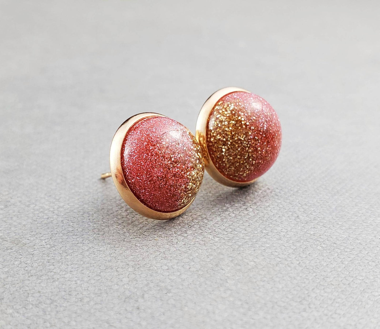 Pink and Gold Stud Earrings, Glitter Resin Jewelry, Gift for Her