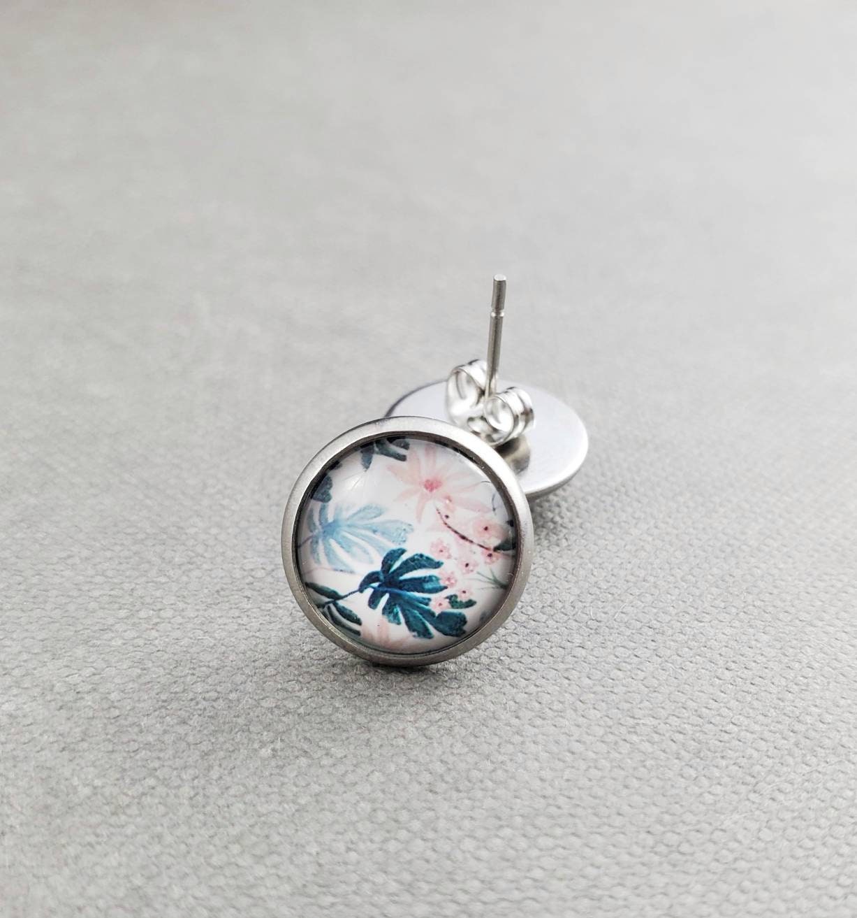 Tropical Floral Stud Earrings, Hypoallergenic Stainless Steel Posts, Glass Cabochon Jewelry. Gift for Her