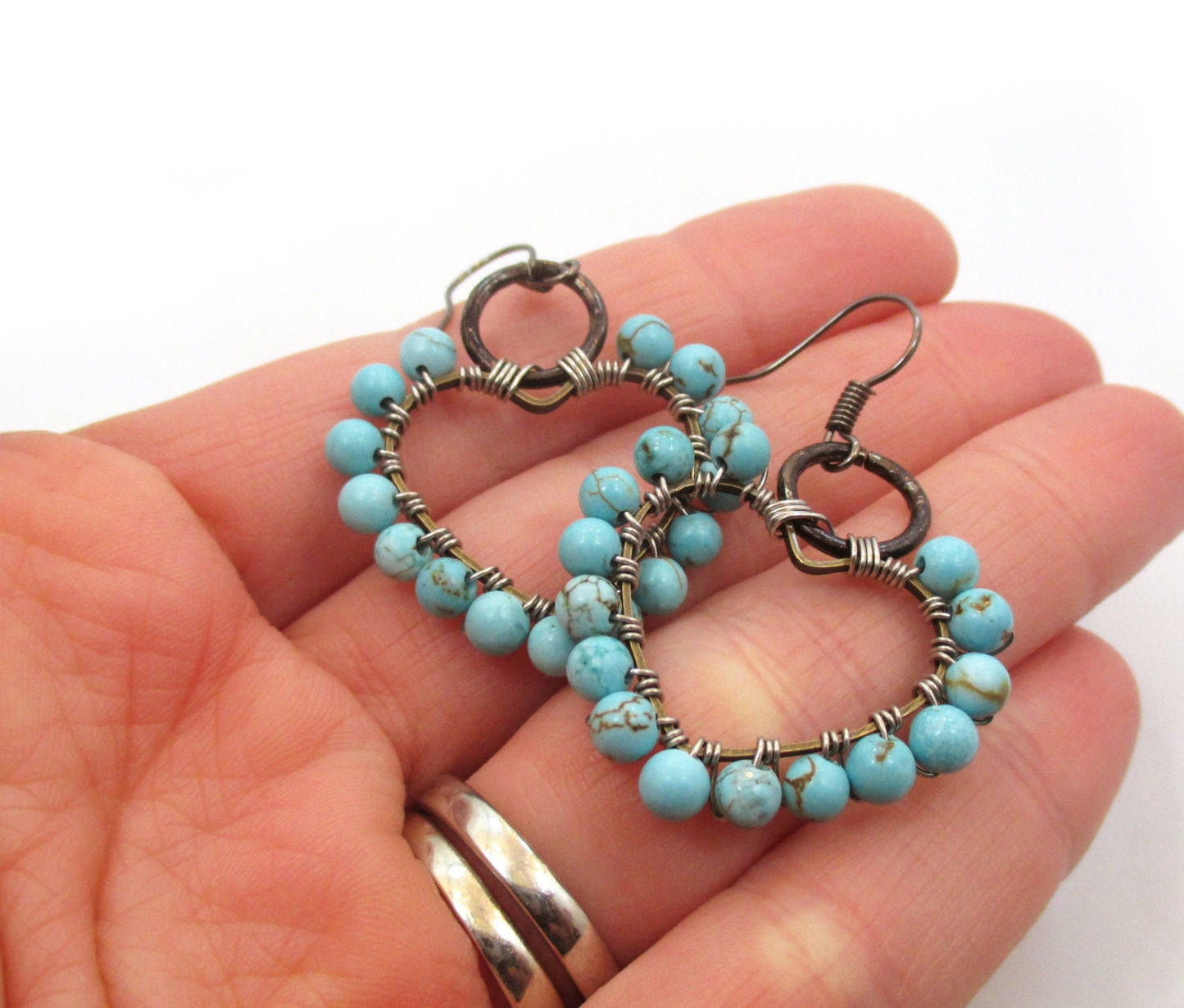 Turquoise Heart Hoop Earrings, Wire Wrapped Statement Jewelry, Gift for Her