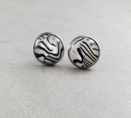Zebra Print Stud Earrings, Hypoallergenic Stainless Steel Posts, Jewelry for Sensitive Ears, Gift for Teen Girl