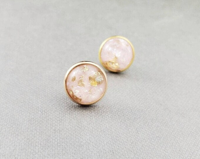 Rose Gold Stud Earrings, Pink Sparkly Glitter Resin Jewelry, Valentines Day Gift for Her