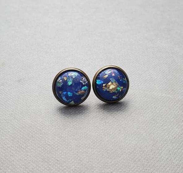 Blue Glitter Bronze Stud Earrings