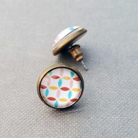 Geometric Print Bronze Stud Earrings