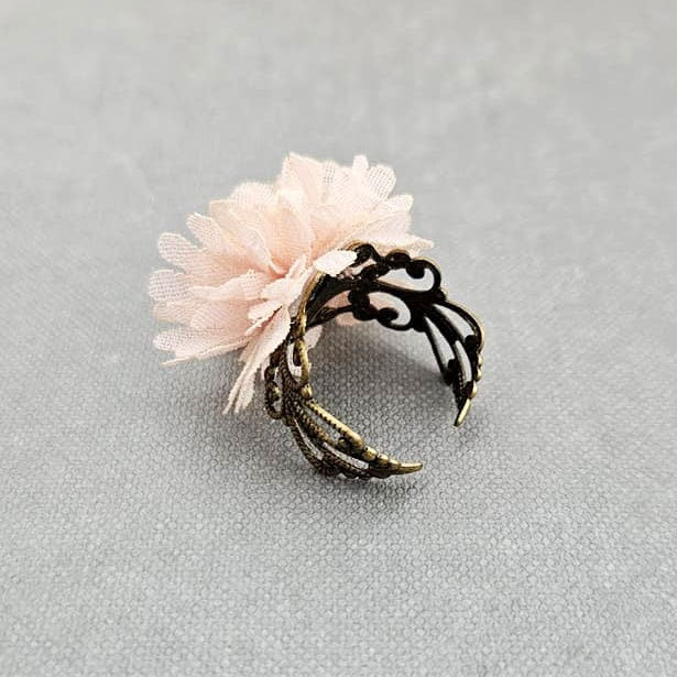 Pink Adjustable Fabric Ring, Antique Brass Filigree Jewelry, Birthay Gift for Her