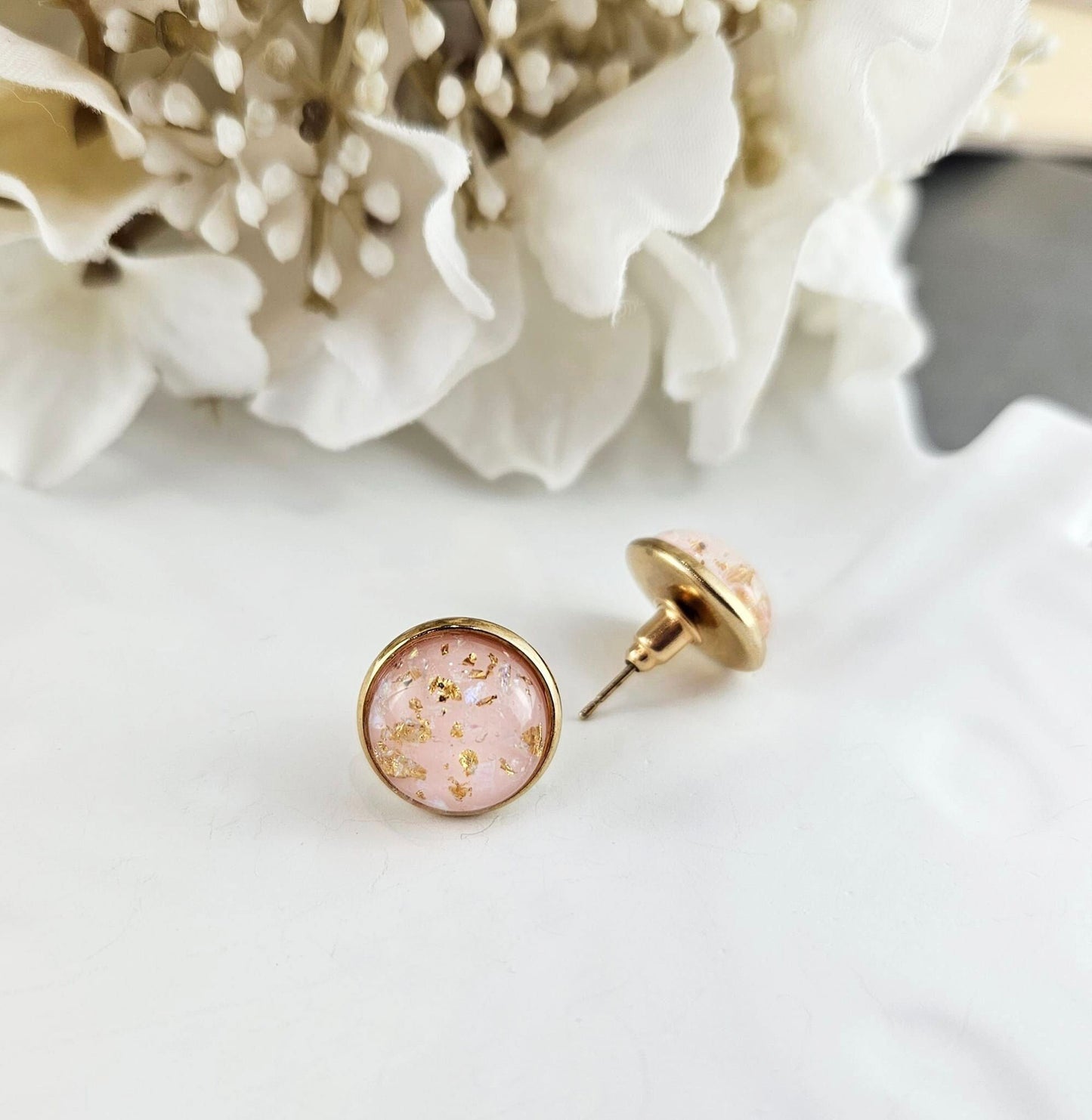 Rose Gold Stud Earrings, Pink Sparkly Glitter Resin Jewelry, Valentines Day Gift for Her