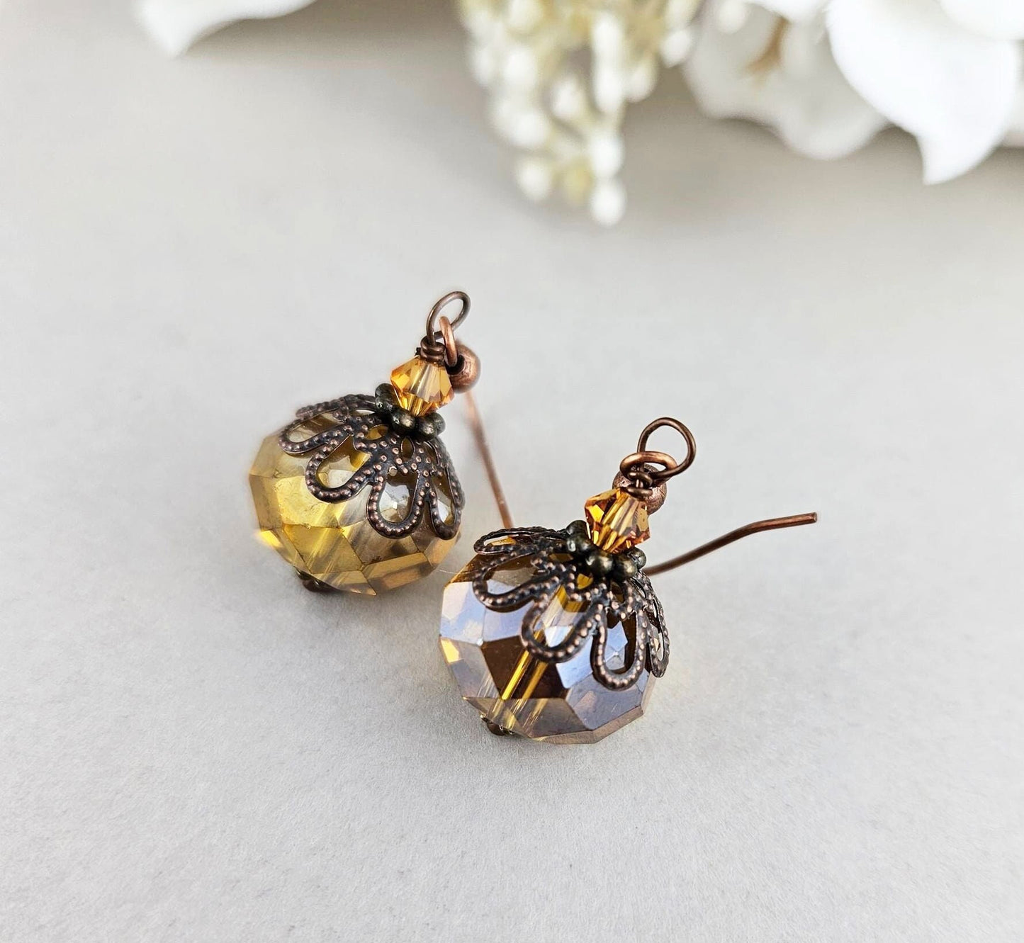 Topaz Dangle Drop Earrings, Vintage Inspired Beaded Glass Jewelry, Gift for Her