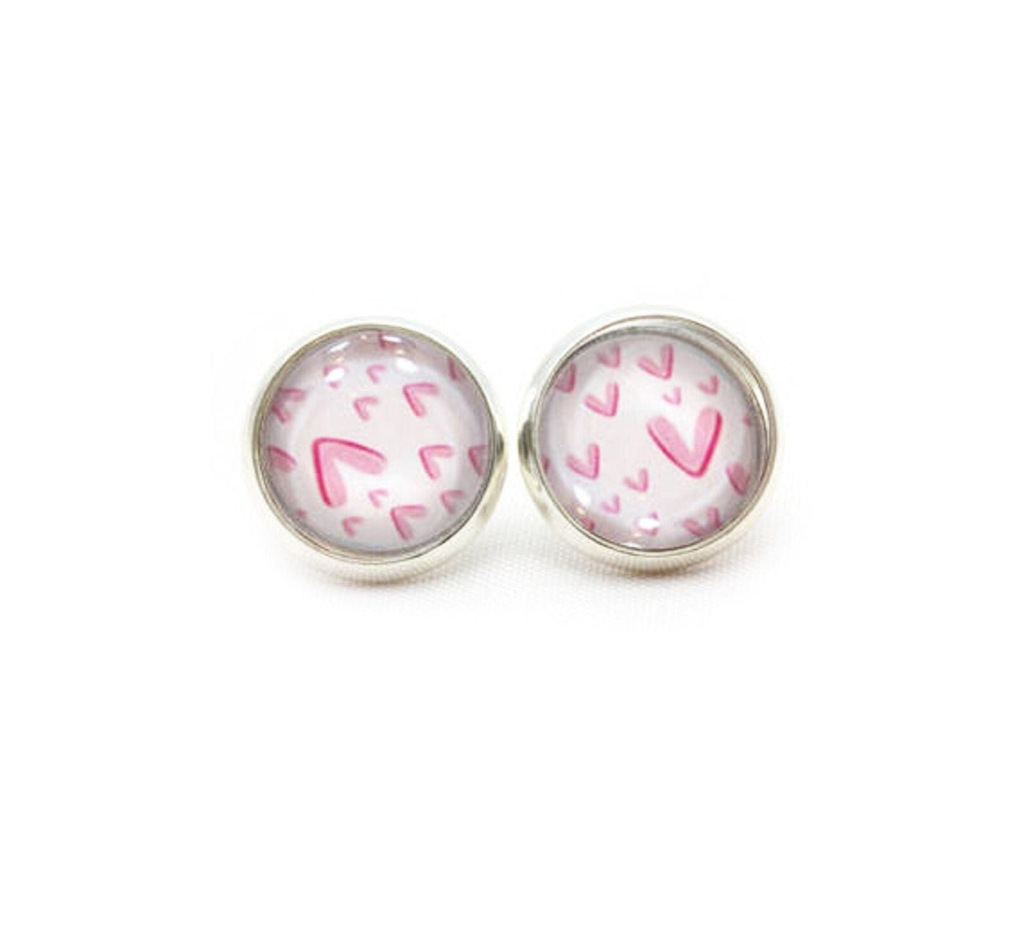 Pink Heart Stud Earrings, Glass Dome Posts, Valentines Day Gift for Her