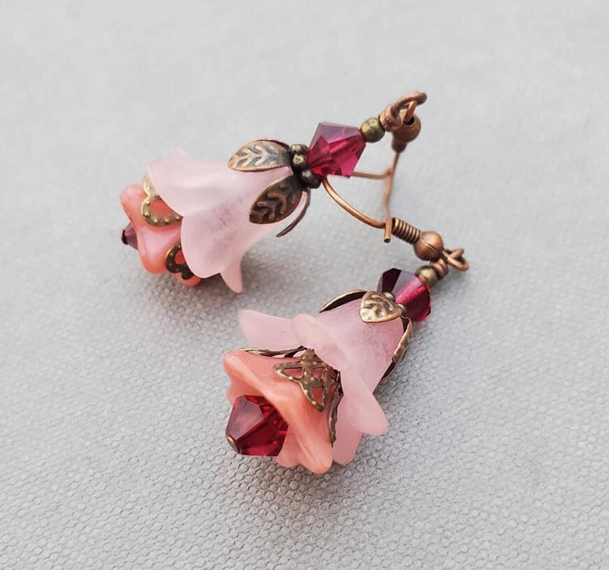 Long Pink Floral Earrings, Cottagecore Woodland Jewelry, Gift for Her