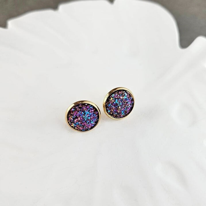 Glitter Druzy Stud Earrings, Geode Resin Stone Jewelry, Nickel and Lead Free Gold Posts, Gift for Her
