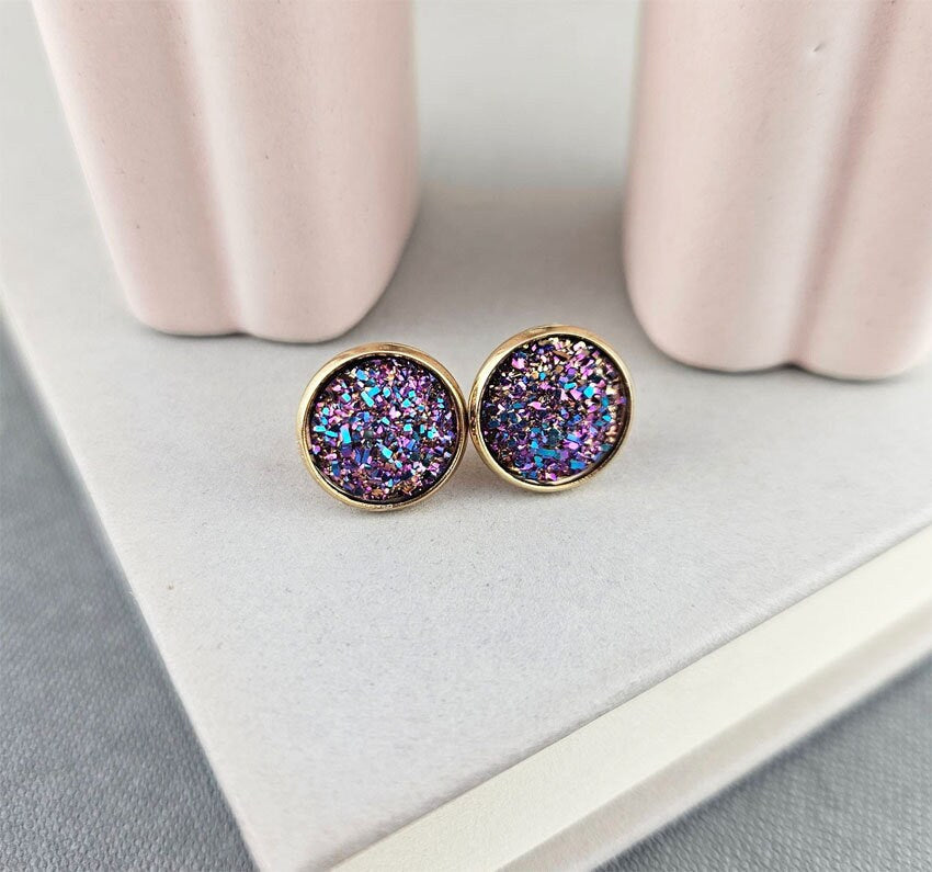 Glitter Druzy Stud Earrings, Geode Resin Stone Jewelry, Nickel and Lead Free Gold Posts, Gift for Her
