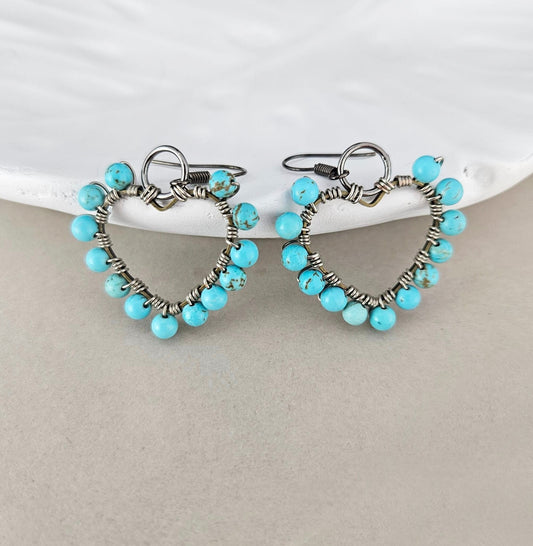 Turquoise Heart Hoop Earrings, Wire Wrapped Statement Jewelry, Gift for Her