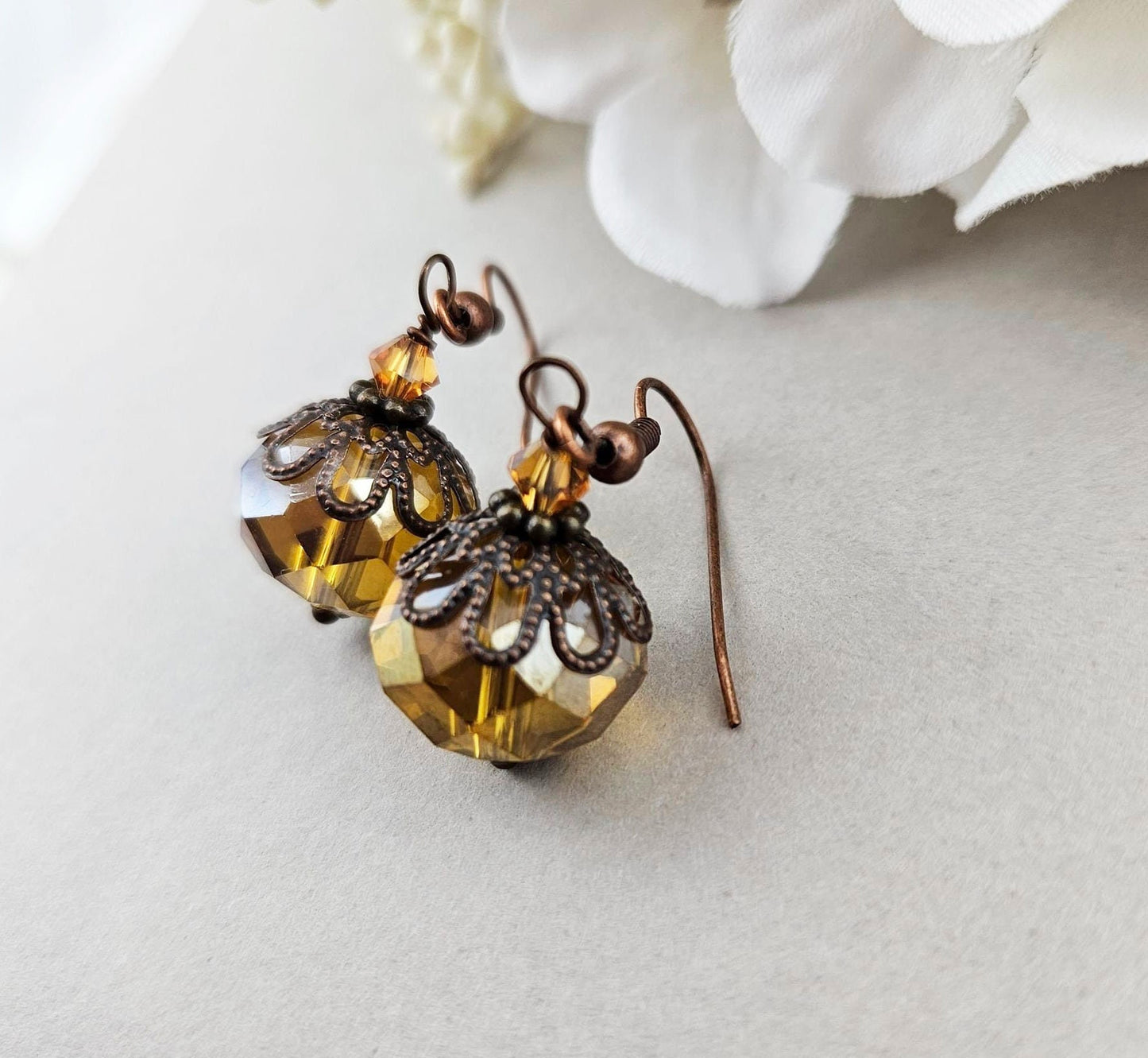 Topaz Dangle Drop Earrings, Vintage Inspired Beaded Glass Jewelry, Gift for Her
