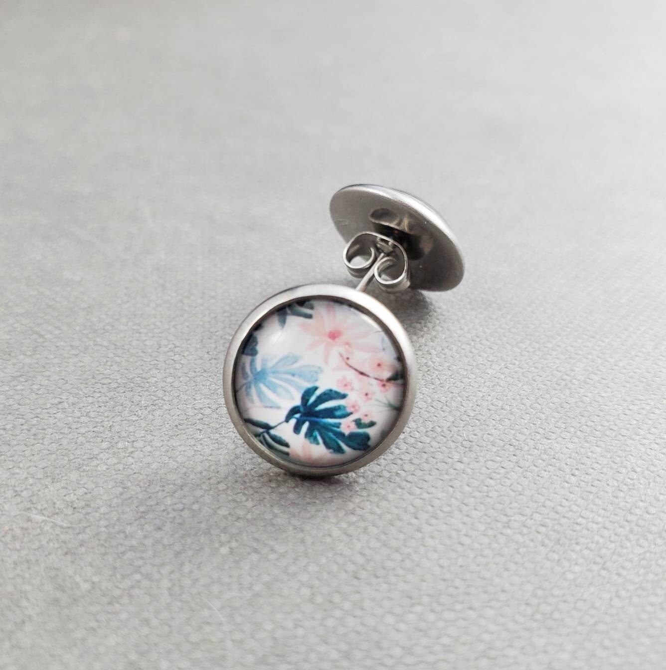 Tropical Floral Stud Earrings, Hypoallergenic Stainless Steel Posts, Glass Cabochon Jewelry. Gift for Her