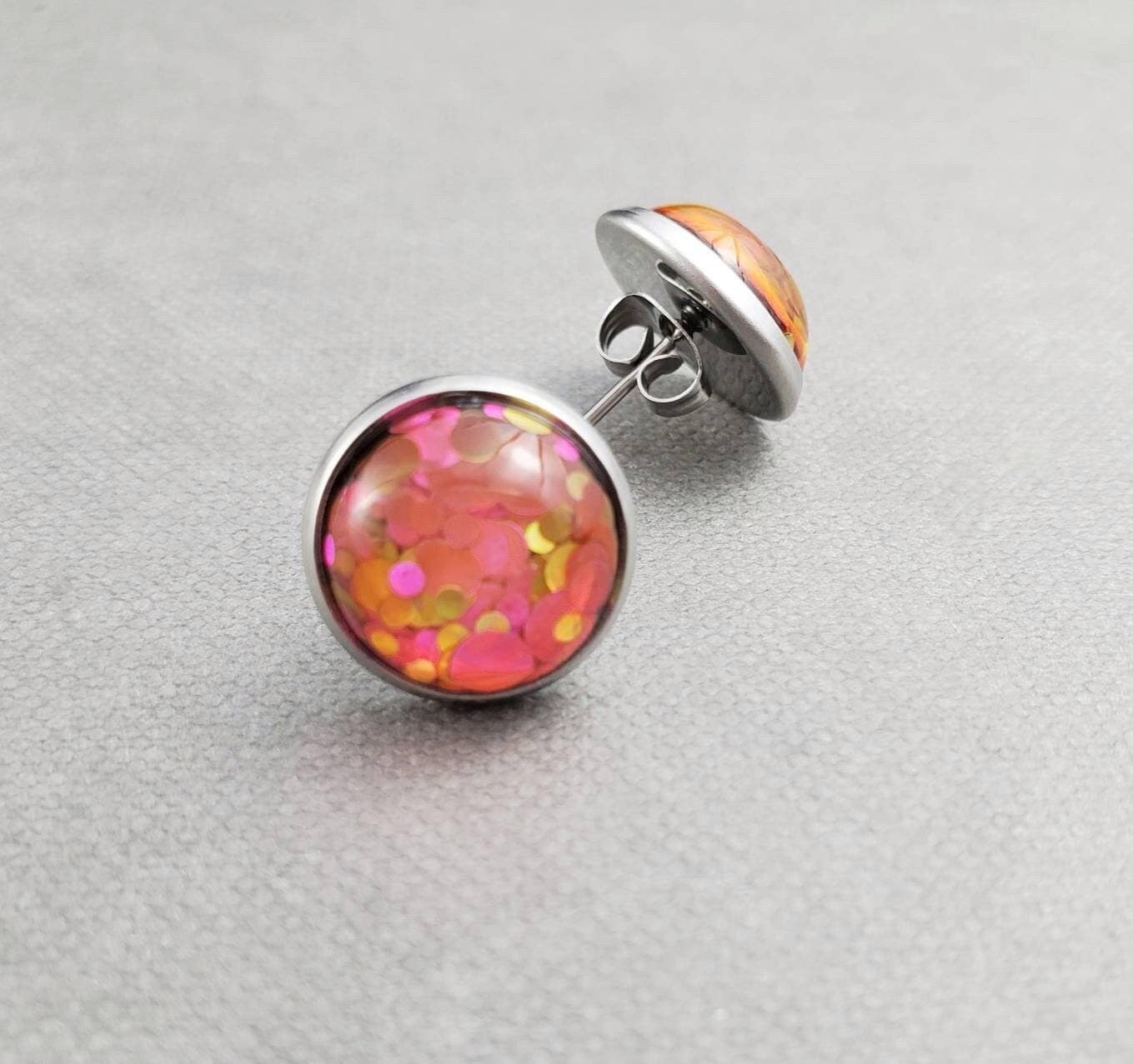 Pink Glitter Stainless Steel Stud Earrings, Handmade Jewelry by MichelleAnnJewelry