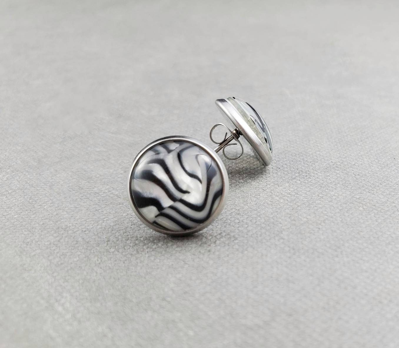 Zebra Print Stud Earrings, Hypoallergenic Stainless Steel Posts, Jewelry for Sensitive Ears, Gift for Teen Girl