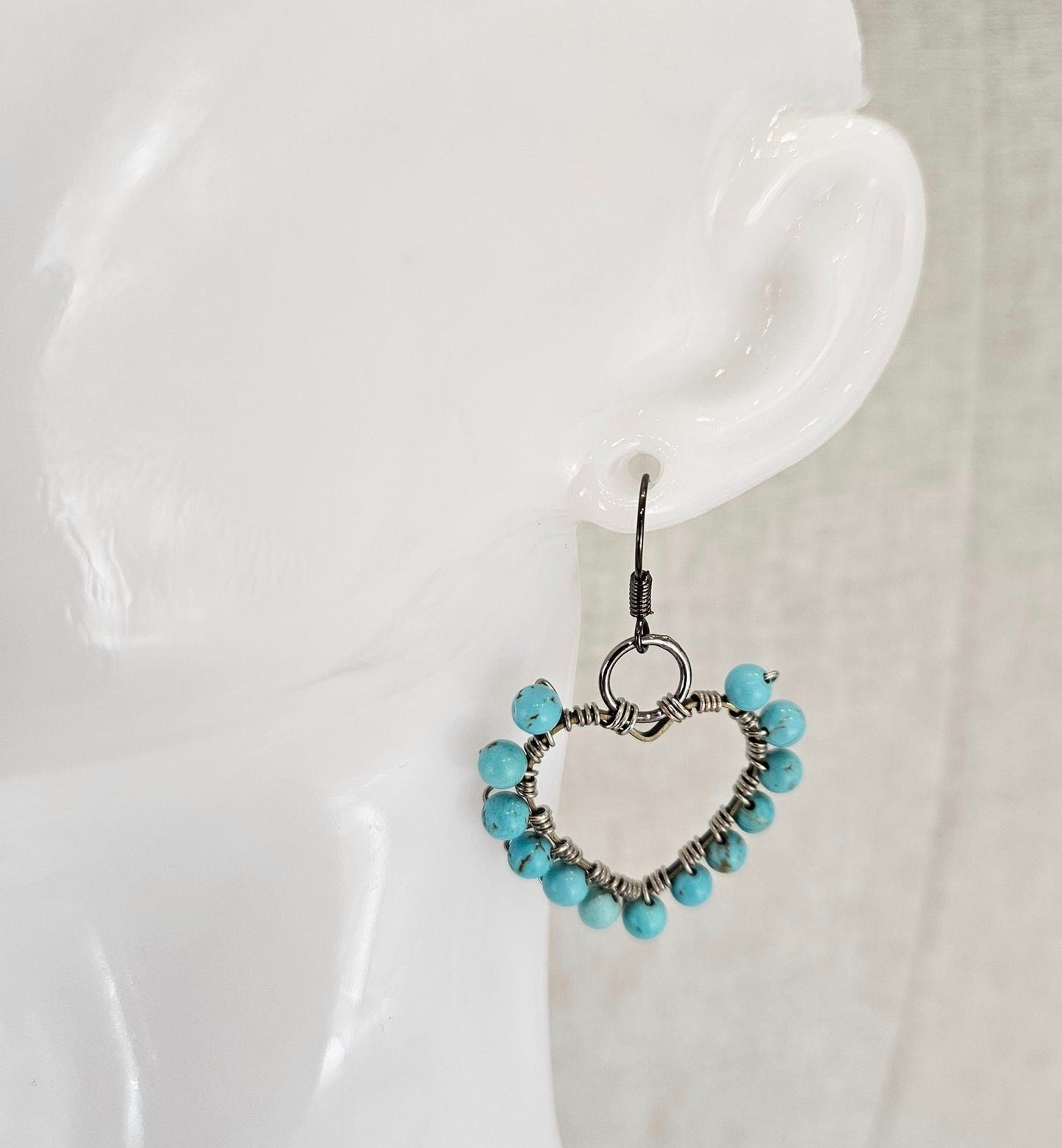 Turquoise Heart Hoop Earrings, Wire Wrapped Statement Jewelry, Gift for Her