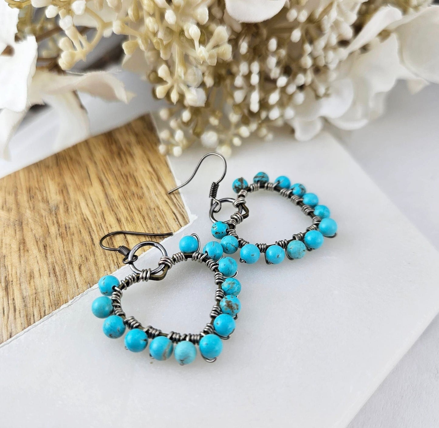 Turquoise Heart Hoop Earrings, Wire Wrapped Statement Jewelry, Gift for Her